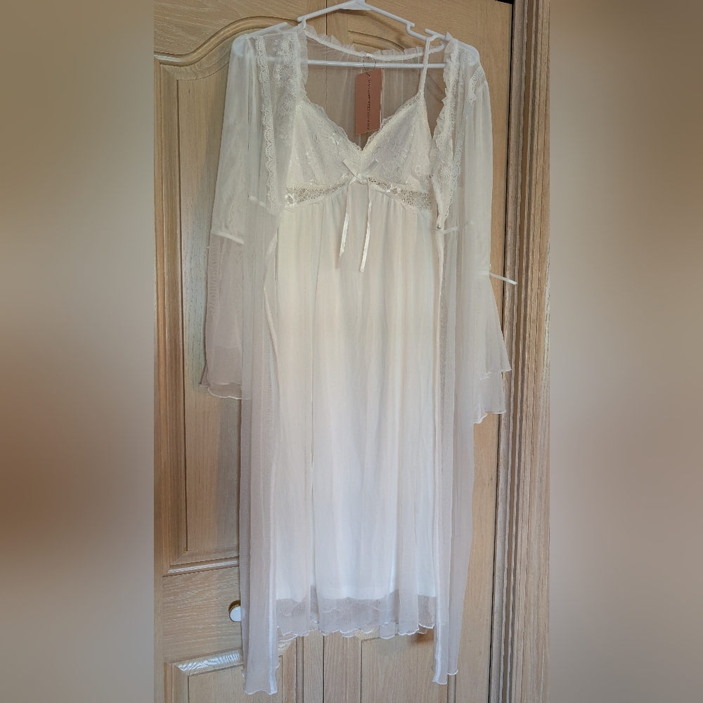 Slessic Vintage Sexy See-Through Cutout Mesh Lace Nightdress set